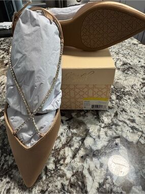 Badgley Mischka Nude Pointed Toe Flats with Crystal Cross Straps